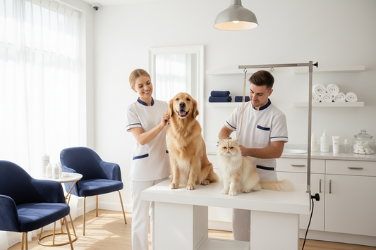 A dog and cat being groomed together - Louventa Pet Care Guide