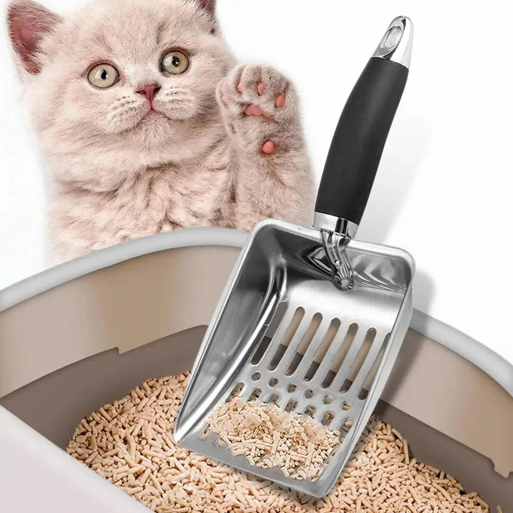 Stainless Steel Cat Litter Scoop — Long Handle Metal Shovel