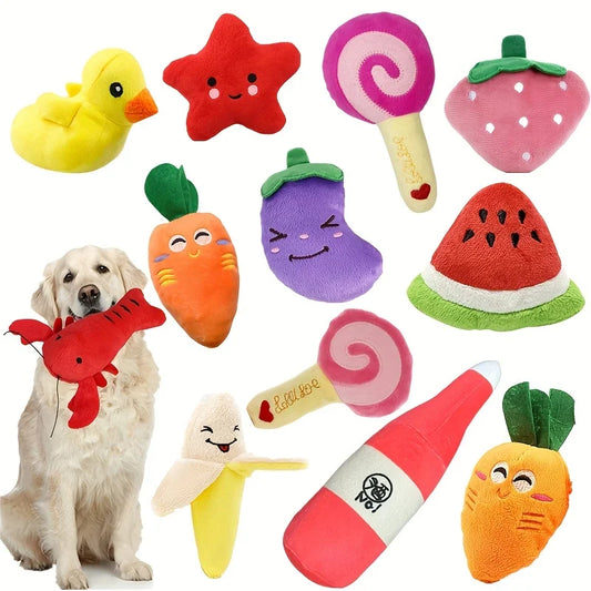 10-Pack Squeaky Fruit & Veggie Puppy Teething Toys