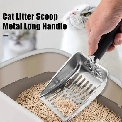 Stainless Steel Cat Litter Scoop — Long Handle Metal Shovel