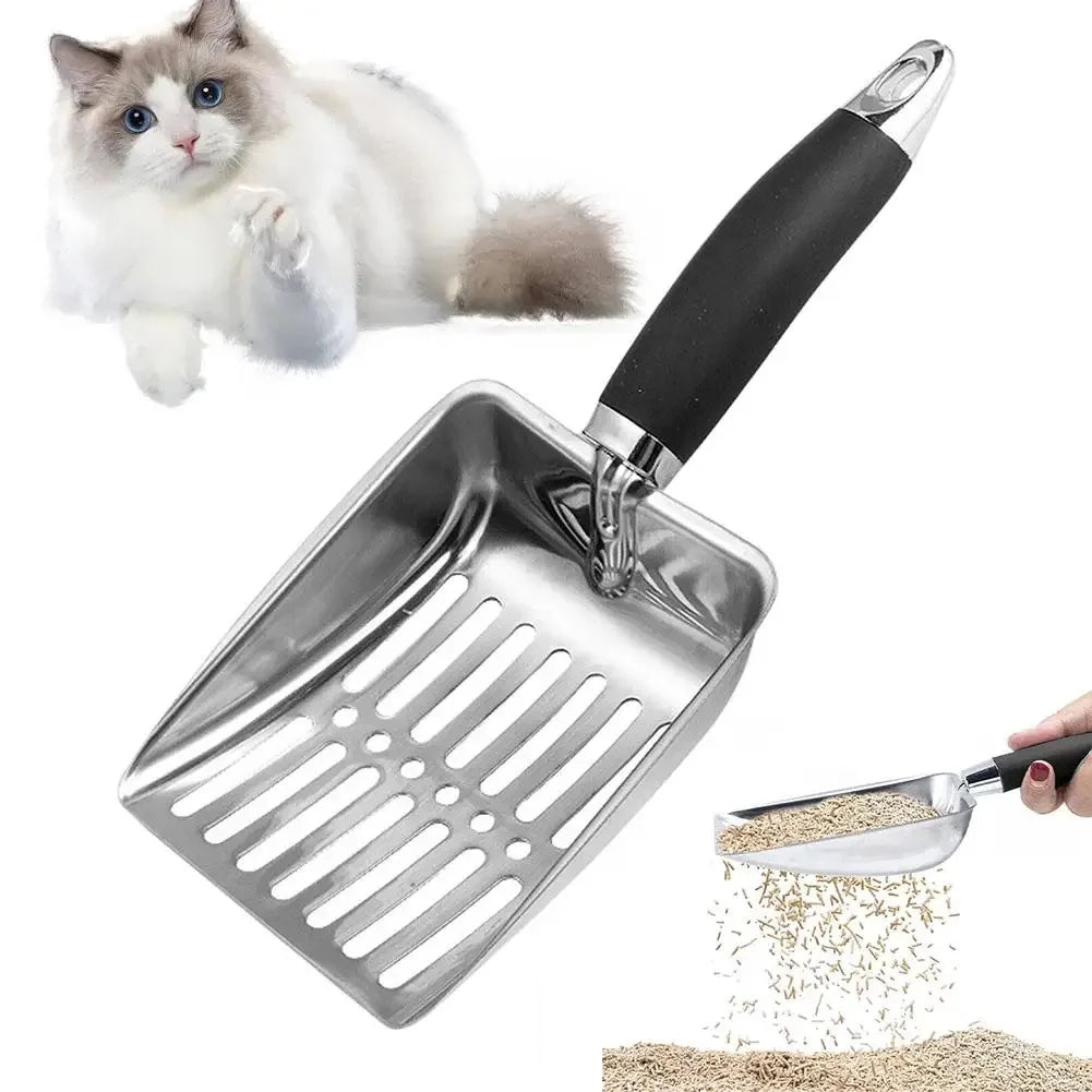 Stainless Steel Cat Litter Scoop — Long Handle Metal Shovel