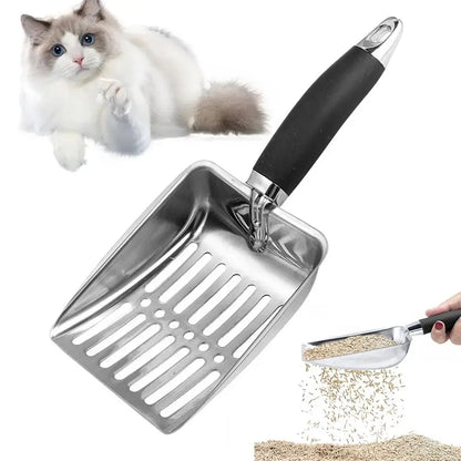Stainless Steel Cat Litter Scoop — Long Handle Metal Shovel