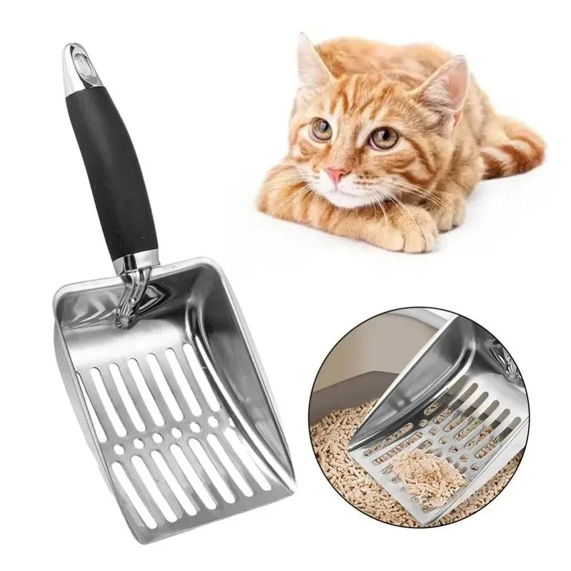 Stainless Steel Cat Litter Scoop — Long Handle Metal Shovel